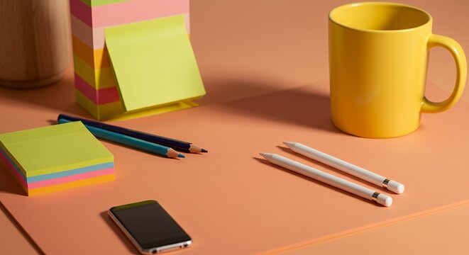 Pastel Workspace with Yellow Mug and Apple Pencils - Powered by Adobe