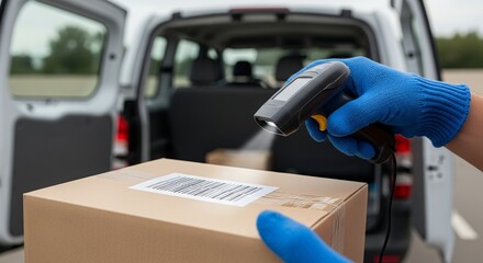 Gloved Hand Scanning Barcode on Package by Van