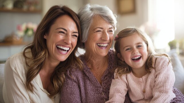 Happy family of three women including grandmother mother and granddaughter smiling indoors.