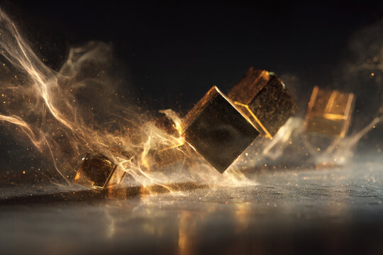 Golden cubes emerge from swirling golden smoke and glittering particles