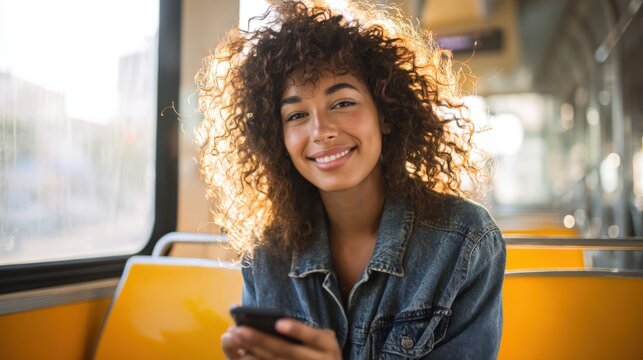 Smiling young woman with curly hair using smartphone on public bus during daytime.