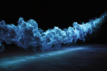 Abstract glowing blue particle cloud flowing across a dark textured surface with light reflections