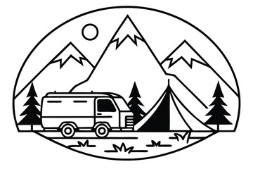 A festive winter landscape illustration with charming camping icons and a red car on a snowy road leading to a cozy village of homes nestled among the trees under a night sky, perfect for a holiday ca