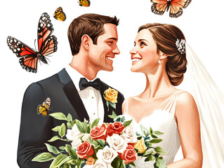 The bride and groom in a Butterfly Garden Bliss, watercolor illustration.