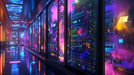 Futuristic server room hallway with glowing data centers - Powered by Adobe