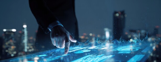 The futuristic touchscreen interface showcasing data analytics in a modern urban setting.