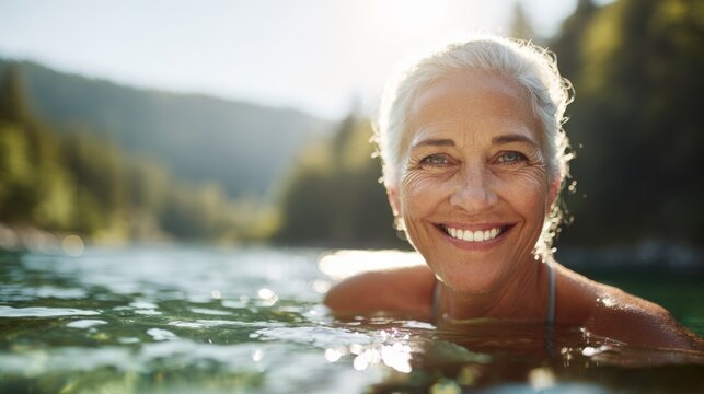 Happy elderly woman enjoying swimming outdoors in clear water during sunny day.