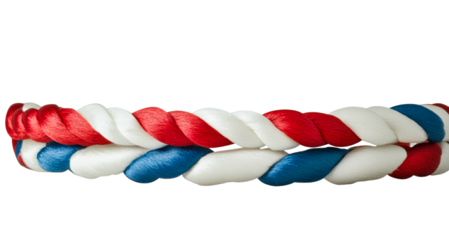 Twisted red, white, blue rope, patriotic colors, cut out transparent