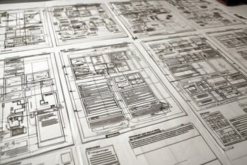 Multiple architectural or engineering drawings.  Sheets of paper covered in complex, detailed line art.  Layout suggests a project's blueprints or design schematics