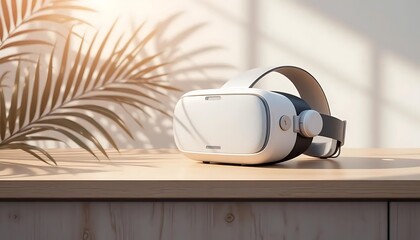 White virtual reality headset resting on a wooden table in a sunlit room with green indoor plants. Clean, minimalist tech scene ideal for showcasing VR innovation and immersive technology.