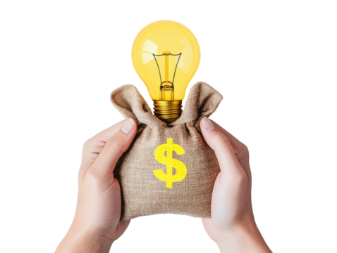 Hands holding a burlap money bag with a lit lightbulb