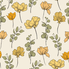 Seamless floral pattern, abstract flower print in romantic vintage style. Elegant botanical design in pink pastel colors hand drawn wild flowers, leaves in abstract composition