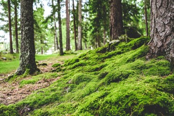 Fototapeta premium Lush green moss blankets forest floor, trees in background