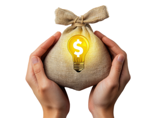 Hands holding a burlap money bag with a glowing lightbulb