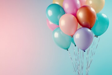 Multicolored helium balloons rising on a soft blue-pink gradient background