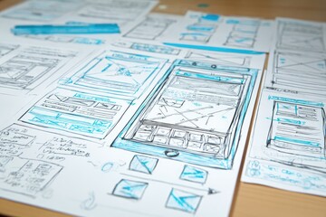 Mobile app wireframes, hand-drawn sketches