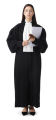 Judge with mallet and documents on white background