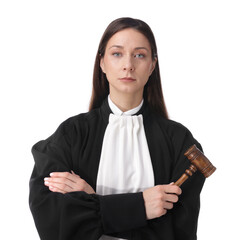 Portrait of judge with mallet on white background