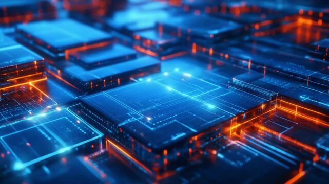 Abstract technology illustration of interconnected, glowing, cubic modules