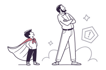 Father and Son: A heartwarming image of a father and son, the son dressed as a superhero, the father radiating strength, representing a special bond of mentorship and admiration.