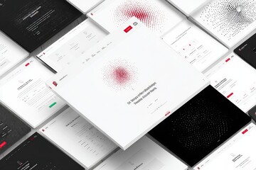 Webpage design concept, multiple screen mockups, white and black,  red graphic element, data-driven, user interface