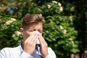 Young man with paper tissue suffering from seasonal pollen allergy near blossoming tree on spring...