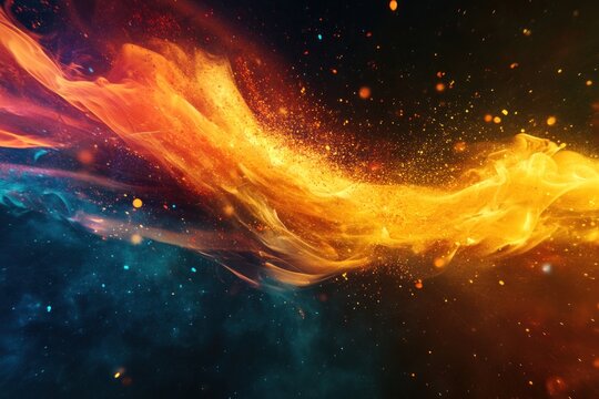 Multi-hued abstract flame imploding and radiating particles in digital style