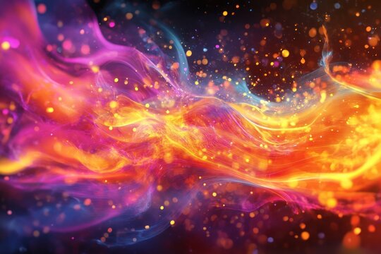 Multi-hued abstract flame imploding and radiating particles in digital style