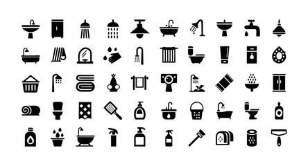 Fototapeta premium Bathroom Outline Icon Set – Editable Stroke Vector with Washbasin, Shower, Toilet, Plumbing, Mirror, Tap, Towel, Hygiene Products, and Bath Accessories