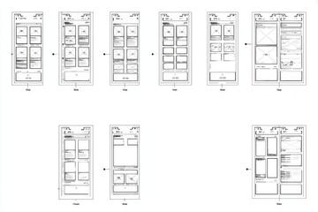 Multiple page layouts for a website or app, showing wireframes for various sections.  Each page has a grid-based structure, outlining content placement and visual elements