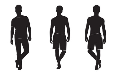 Three young male model shape vectors. Black on white background.