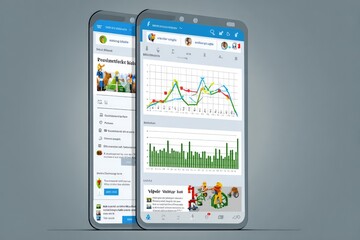 Two open tablets displaying a variety of data.  Interface shows news, charts, graphs, and progress