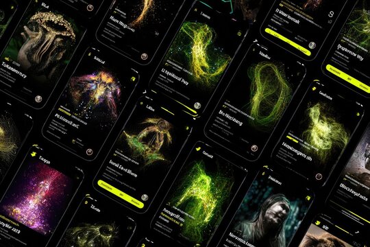 Mobile phone screens, displaying abstract digital art. Various vibrant colors on black background. App interface, possibly educational or museum