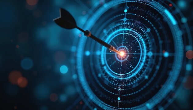 Arrow hits digital target bullseye. Futuristic tech design, represents success, achievement. Precision, accuracy, strategy, goal visualization, data, information, aim. Technology, business, - Powered by Adobe