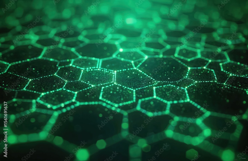 Poster dynamic field of connected glowing hexagons in emerald green shades. abstract design concept represe