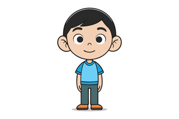 Boy Cartoon Character: Adorable cartoon boy with short dark hair, big eyes, and a sweet smile. Dressed in a simple blue shirt and gray pants, exuding innocence and joy.
