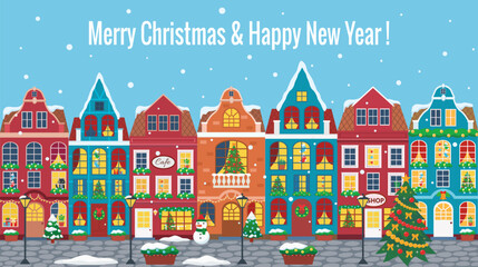 Vector illustration of european winter town. Flat design. Old houses.