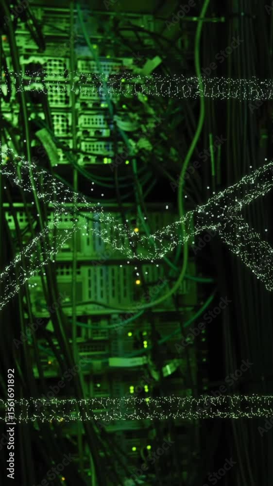 Poster animation of connections with icons and data processing over computer servers