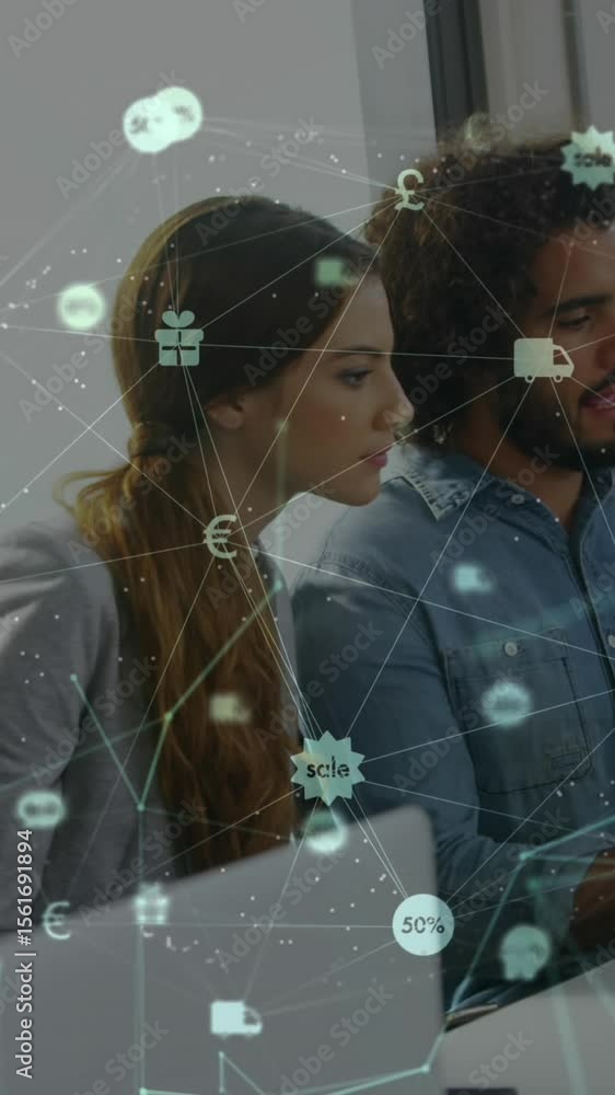 Poster animation of network with connections and data processing over diverse business people
