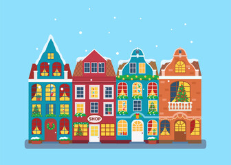 Vector illustration of european winter town. Flat design. Old houses.