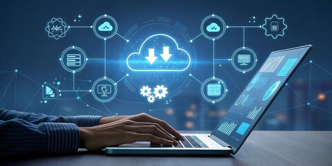 Cloud computing data storage and networking solutions concept art