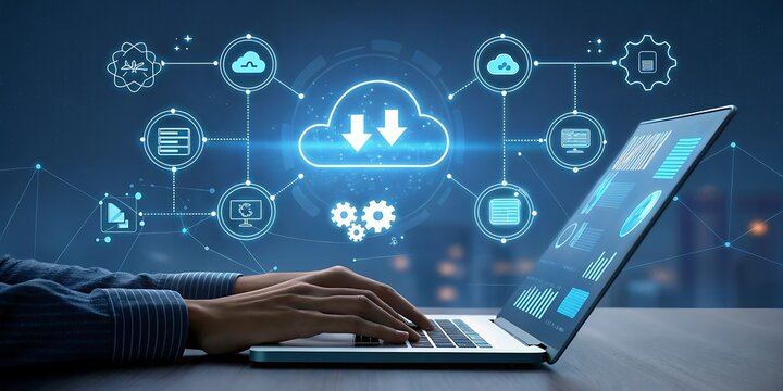 Cloud computing data storage and networking solutions concept art