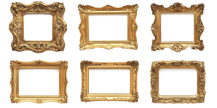 Six gold ornate picture frames