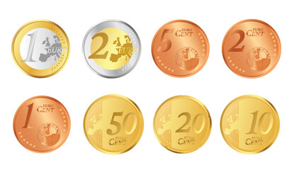 Euro coin illustration set with 1 cent to 2 euro denominations in gold, silver, and copper tones