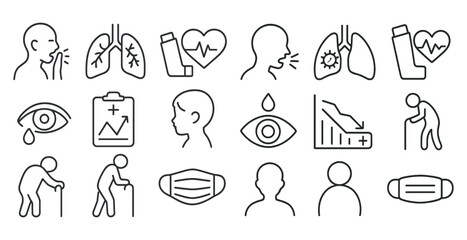 Series of medical icons including a heart, a lung, a person with a mask, and a person with a cane