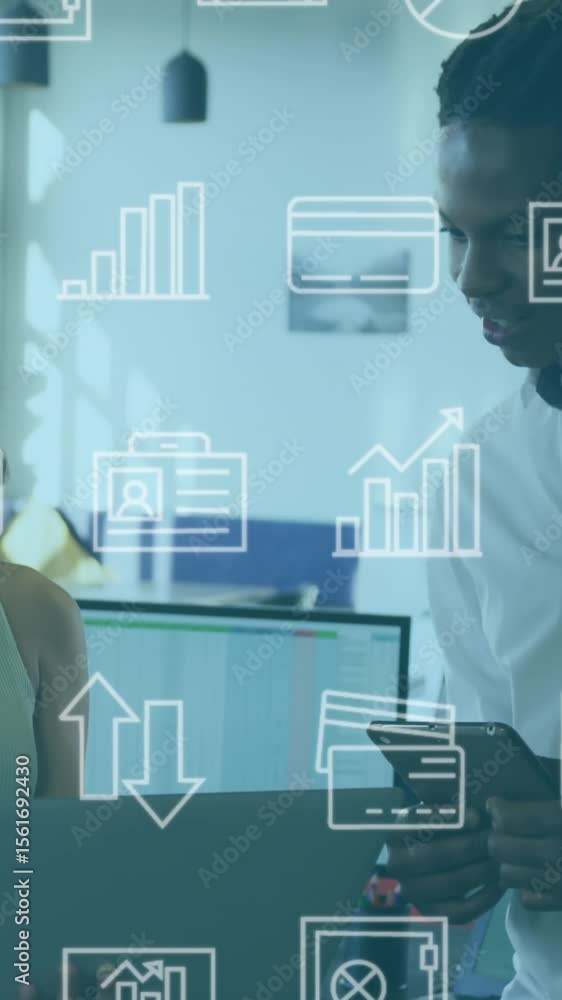 Poster animation of icons and data processing over business people working in office