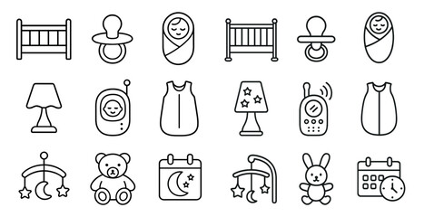 Collection of baby items including a pacifier, a bottle, a crib, a teddy bear, a clock, and a stroller