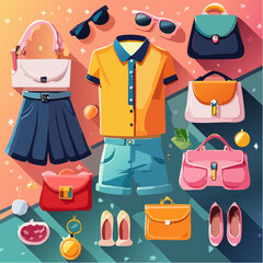 fashion flat lay with bold, saturated clothing items and accessories on a vibrant background