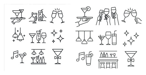 Series of images of glasses and drinks, including martinis, wine glasses, and cocktails. The images are stylized and arranged in a way that suggests a bar or a party scene