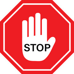 Red Octagon Stop Sign with White Hand Symbol. Stop Hand Symbol for Prohibited Activities.